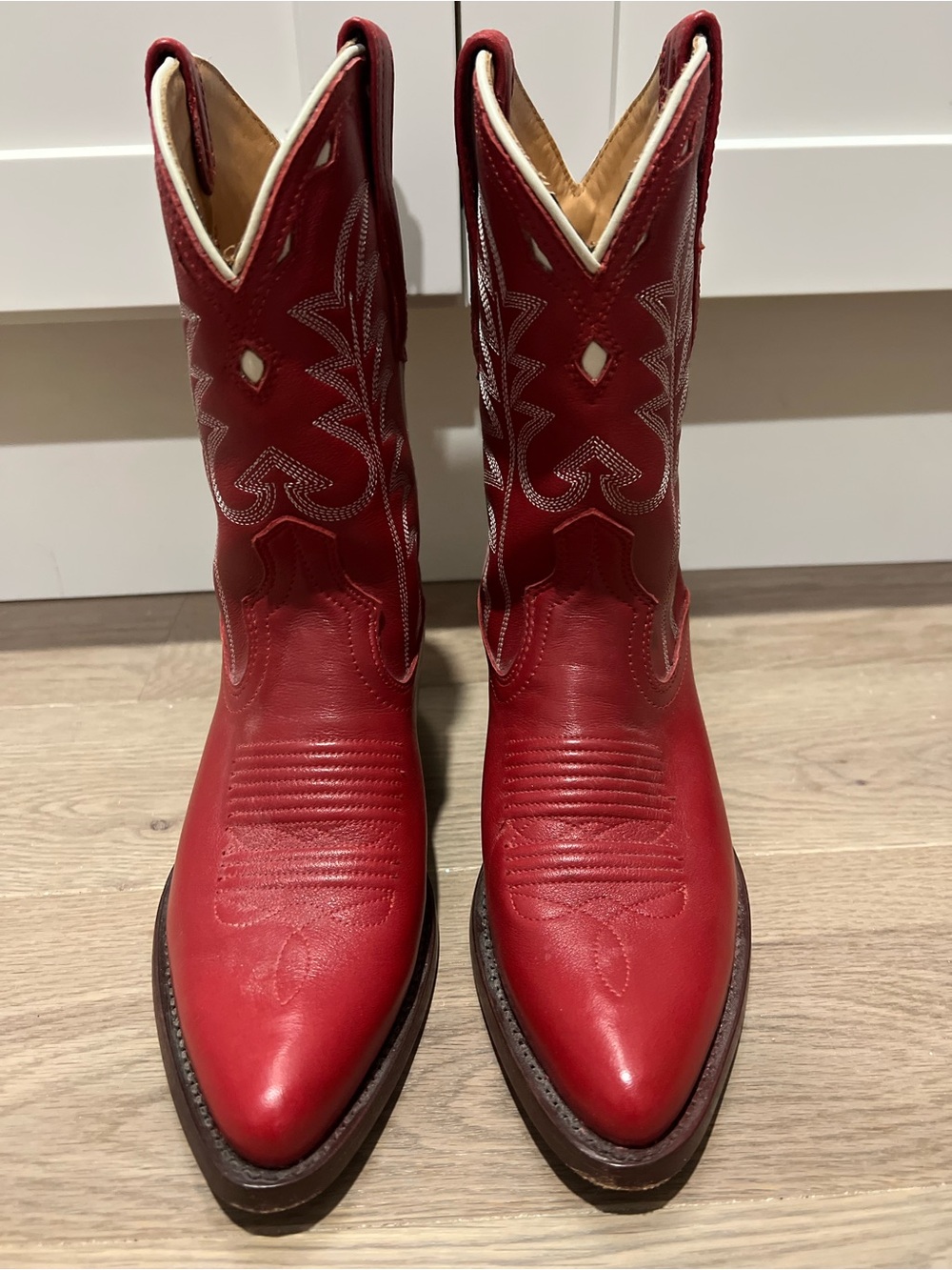 Tecovas Jolene Cherry Red Western Cowboy Boots with White Stitching - Picture 3 of 5